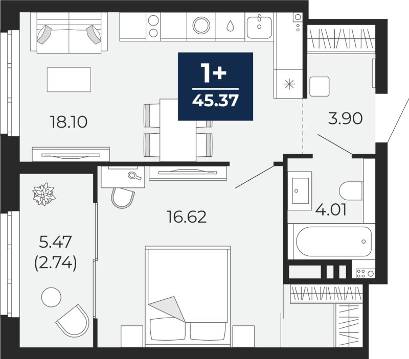 Планировка 1-комн. квартира, 42.6 м² — ЖК «Беринг»