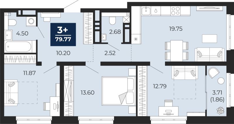 Планировка 3-комн. квартира, 77.9 м² — ЖК «Беринг»