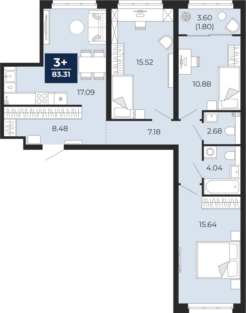 Планировка 3-комн. квартира, 81.5 м² — ЖК «Беринг»