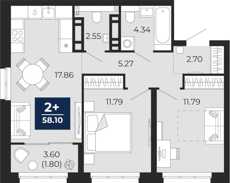 Планировка 2-комн. квартира, 56.3 м² — ЖК «Беринг»