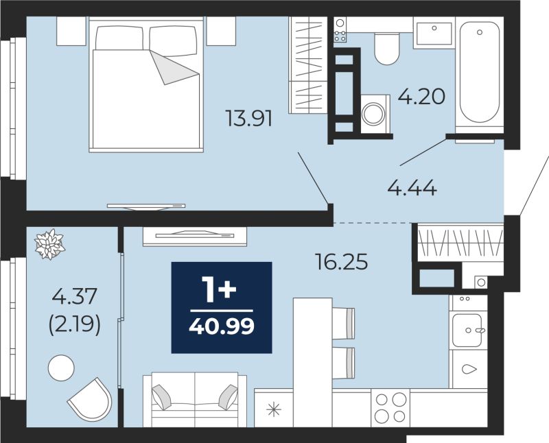 Планировка 1-комн. квартира, 38.8 м² — ЖК «Беринг»