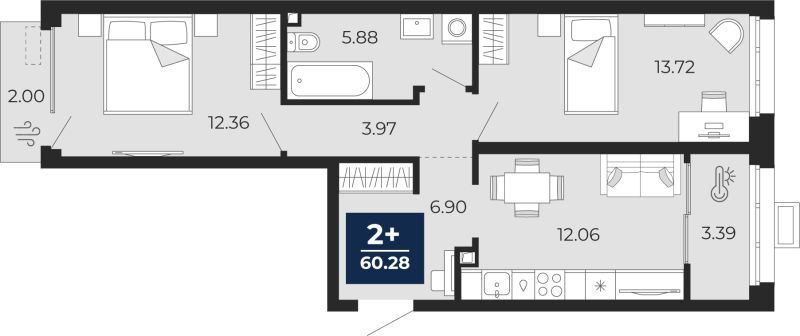 Планировка 2-комн. квартира, 60.3 м² — ЖК «Беринг»
