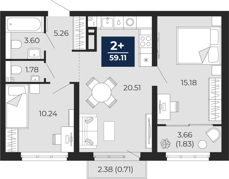 Планировка 2-комн. квартира, 60.1 м² — ЖК «Беринг»