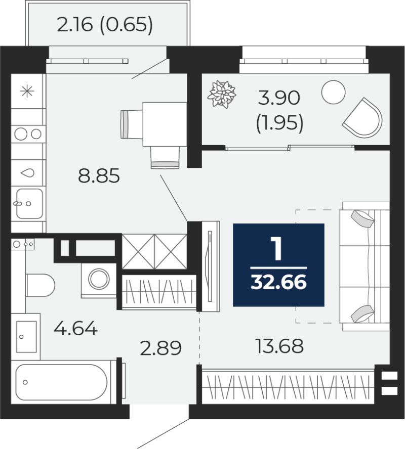Планировка 1-комн. квартира, 33.5 м² — ЖК «Беринг»