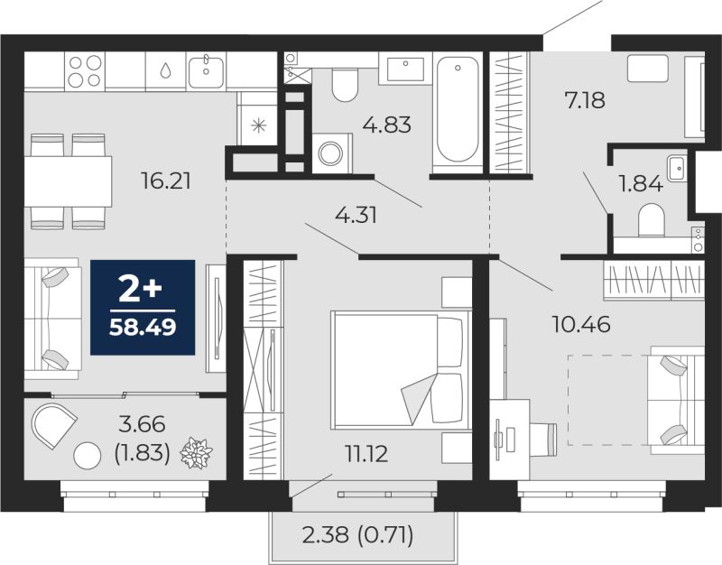 Планировка 2-комн. квартира, 59.5 м² — ЖК «Беринг»