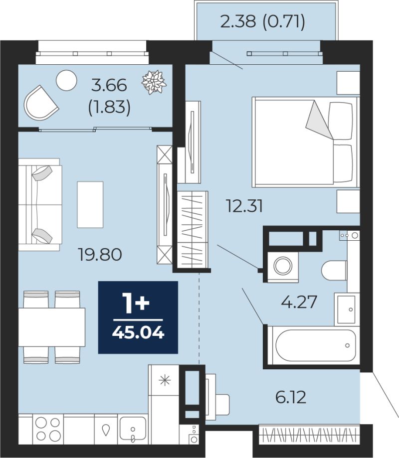 Планировка 1-комн. квартира, 46 м² — ЖК «Беринг»