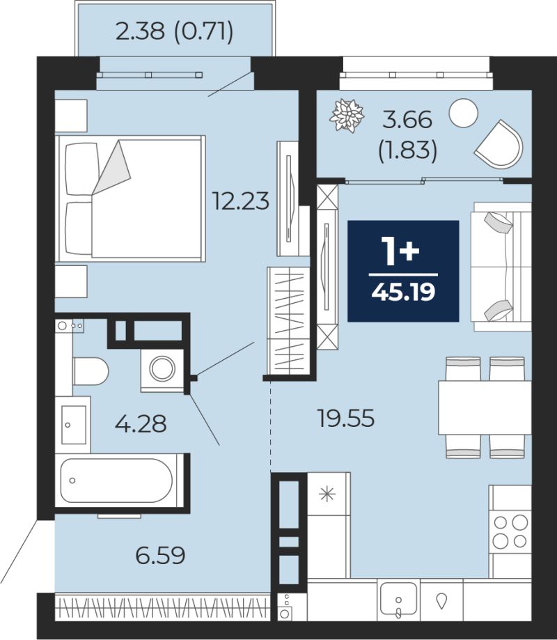 Планировка 1-комн. квартира, 46.1 м² — ЖК «Беринг»