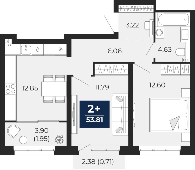 Планировка 2-комн. квартира, 54.8 м² — ЖК «Беринг»