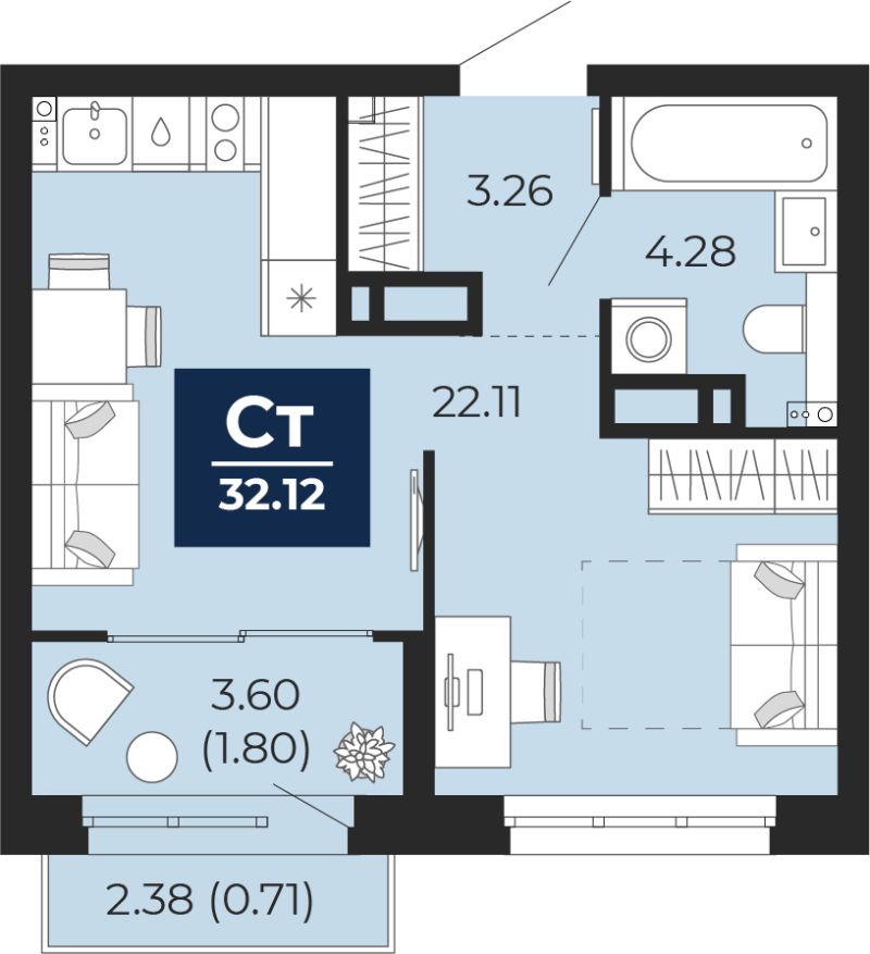Планировка 1-комн. квартира, 33.1 м² — ЖК «Беринг»