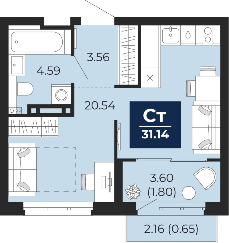 Планировка 1-комн. квартира, 32 м² — ЖК «Беринг»
