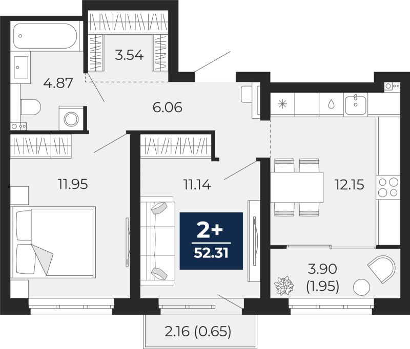 Планировка 2-комн. квартира, 53.2 м² — ЖК «Беринг»