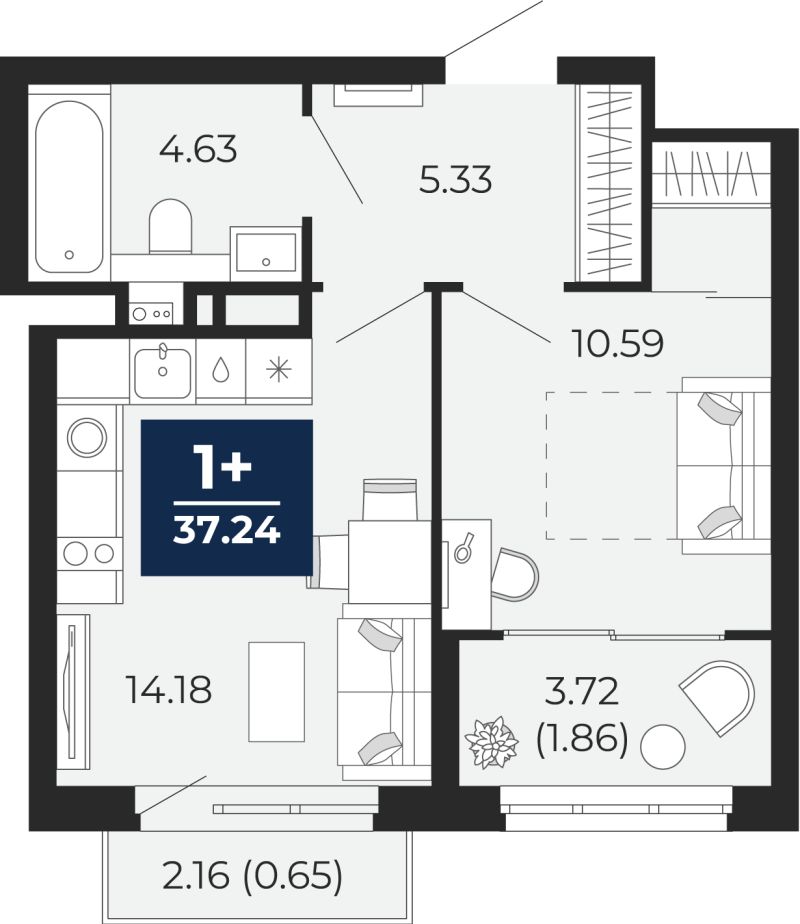 Планировка 1-комн. квартира, 38.1 м² — ЖК «Беринг»