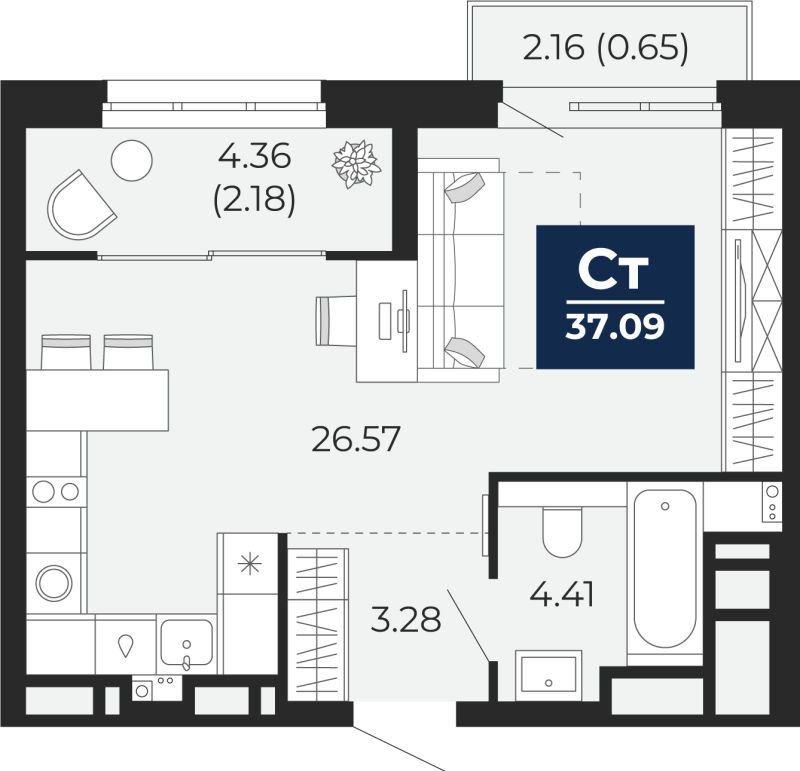 Планировка 1-комн. квартира, 38 м² — ЖК «Беринг»