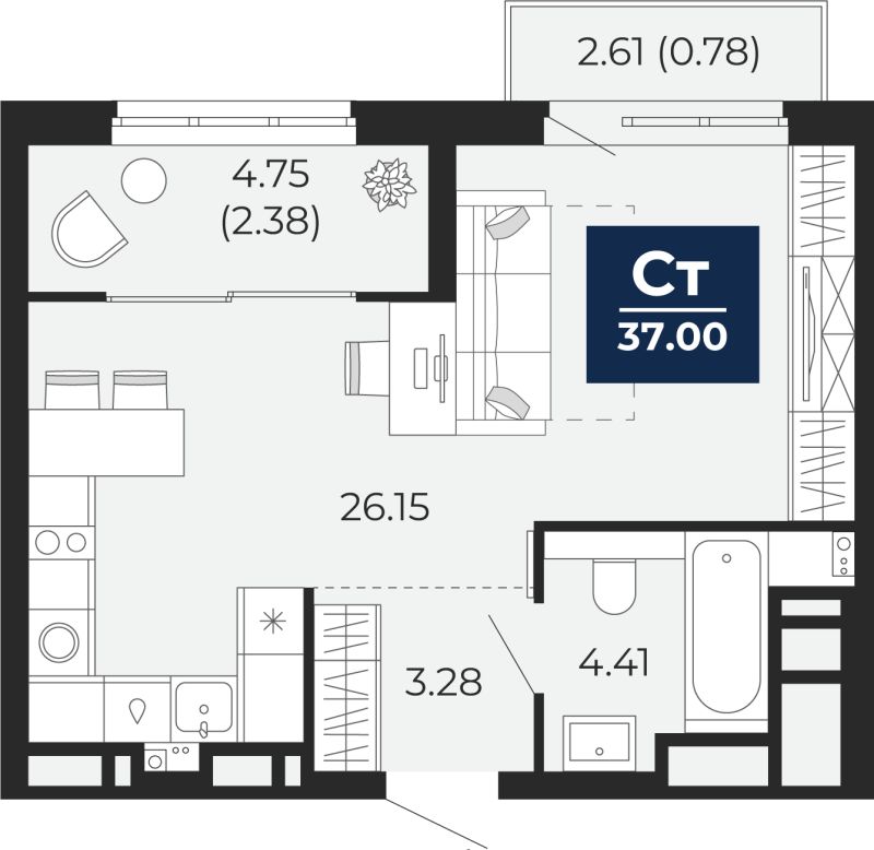 Планировка 1-комн. квартира, 38 м² — ЖК «Беринг»