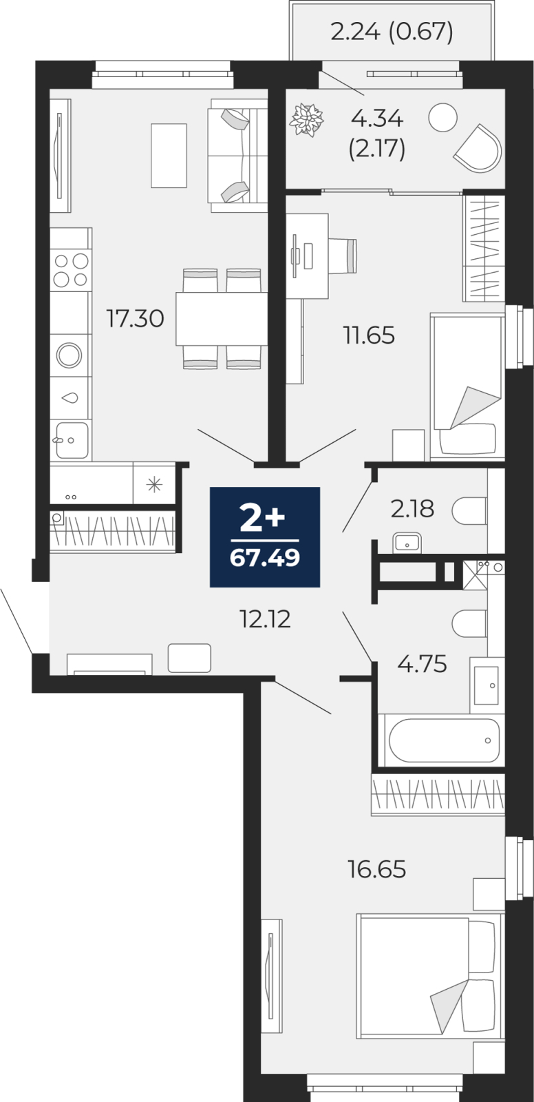 Планировка 2-комн. квартира, 68.4 м² — ЖК «Беринг»