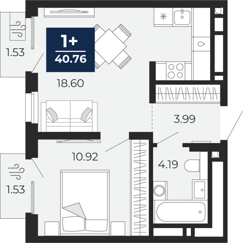 Планировка 1-комн. квартира, 38.6 м² — ЖК «Беринг»