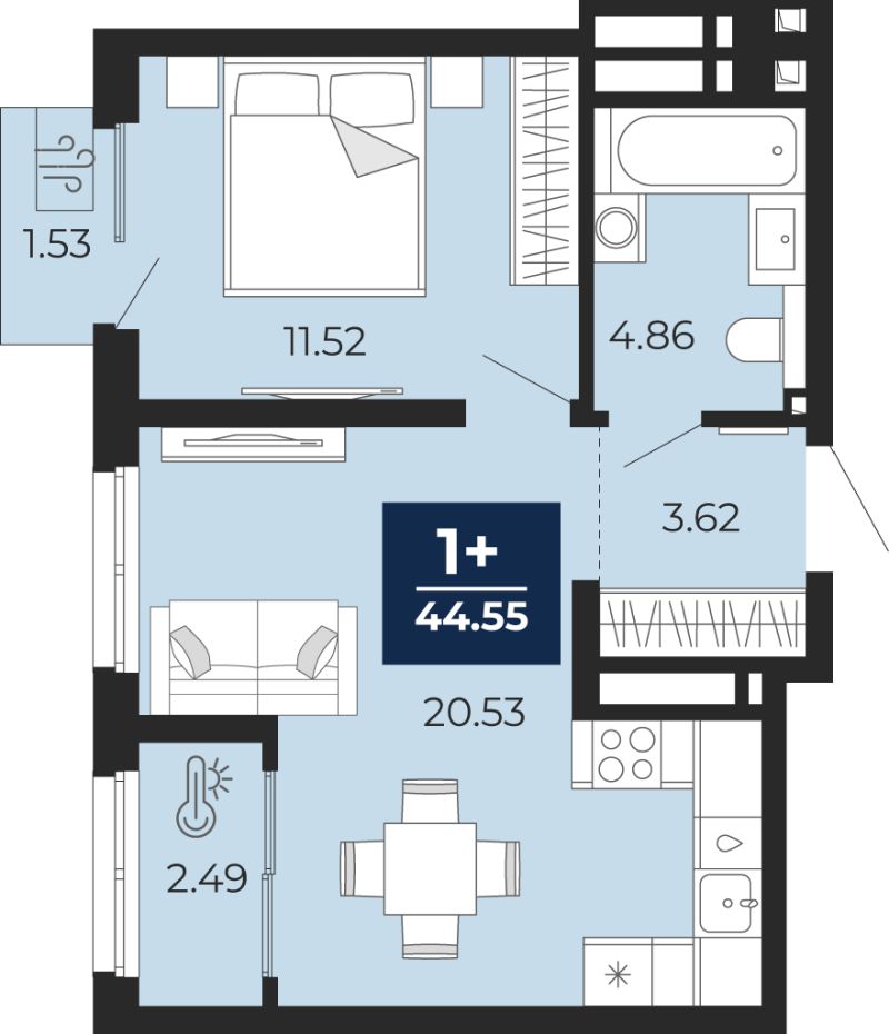 Планировка 1-комн. квартира, 43.5 м² — ЖК «Беринг»