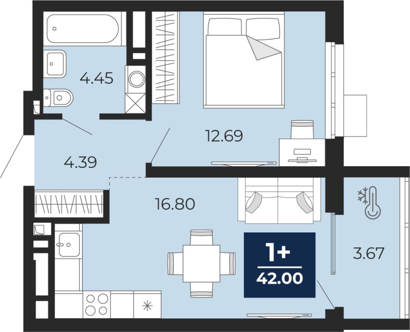 Планировка 1-комн. квартира, 40.2 м² — ЖК «Беринг»