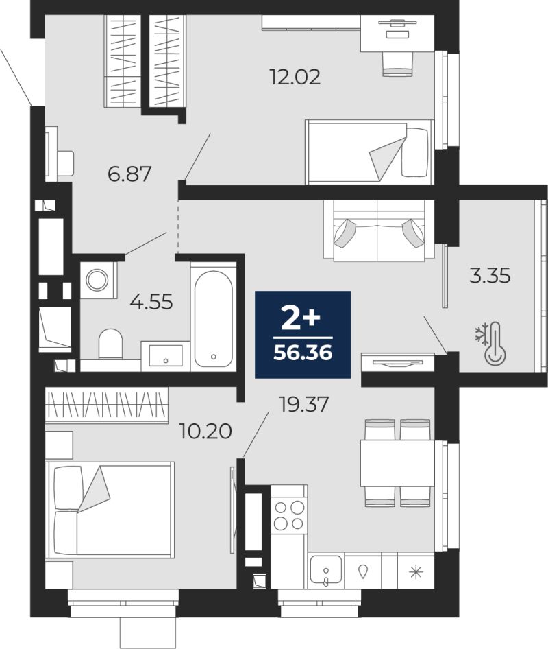 Планировка 2-комн. квартира, 54.7 м² — ЖК «Беринг»