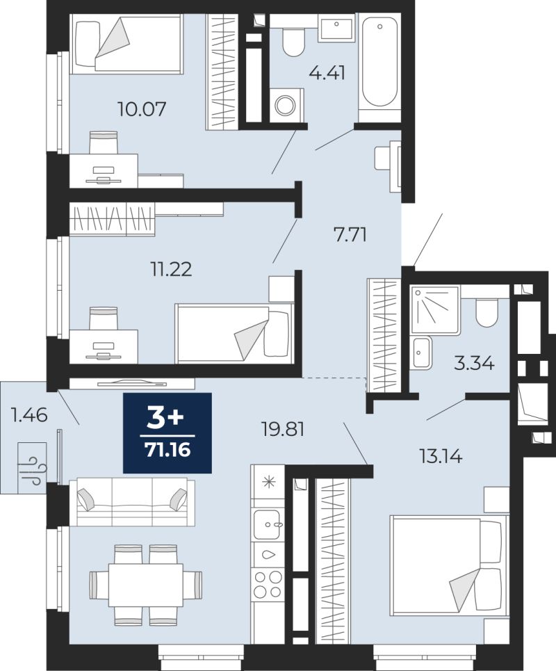 Планировка 3-комн. квартира, 70.1 м² — ЖК «Беринг»