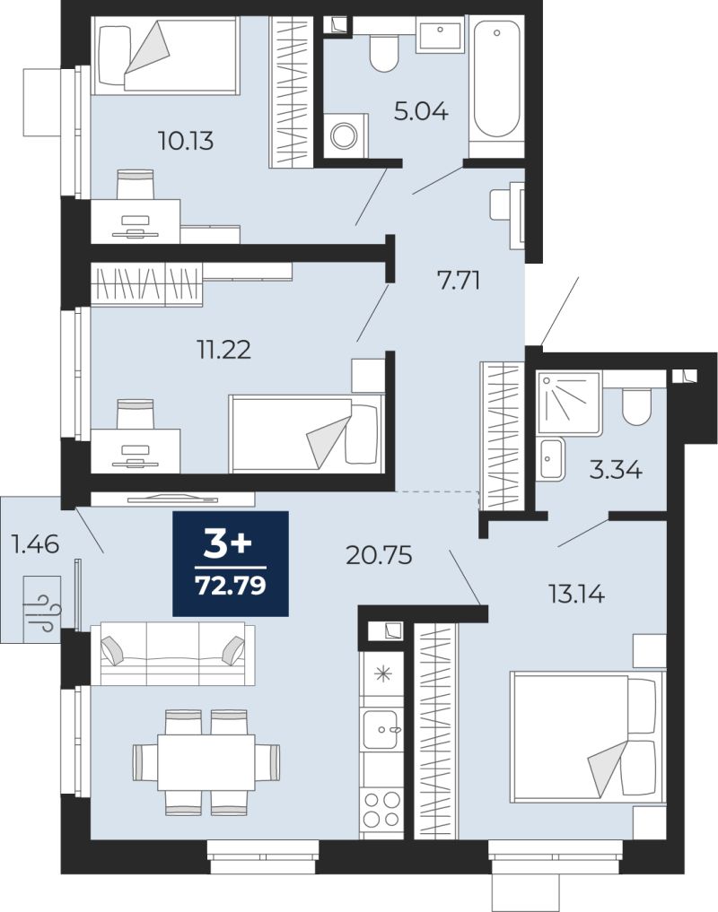 Планировка 3-комн. квартира, 71.8 м² — ЖК «Беринг»