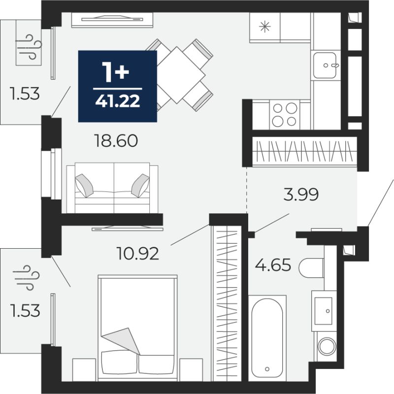 Планировка 1-комн. квартира, 39.1 м² — ЖК «Беринг»
