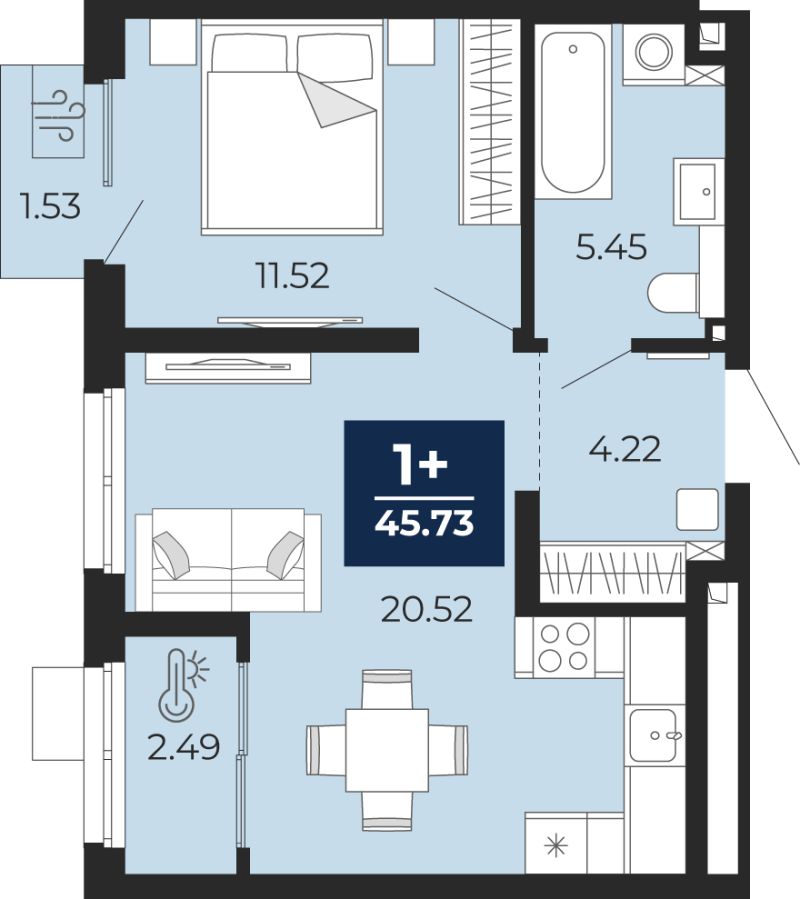 Планировка 1-комн. квартира, 44.7 м² — ЖК «Беринг»