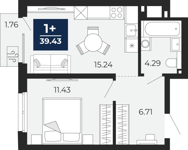 Планировка 1-комн. квартира, 38.2 м² — ЖК «Беринг»