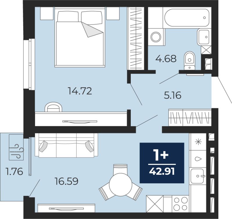 Планировка 1-комн. квартира, 41.7 м² — ЖК «Беринг»