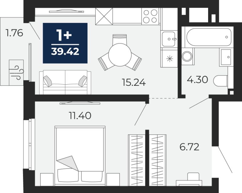 Планировка 1-комн. квартира, 38.2 м² — ЖК «Беринг»