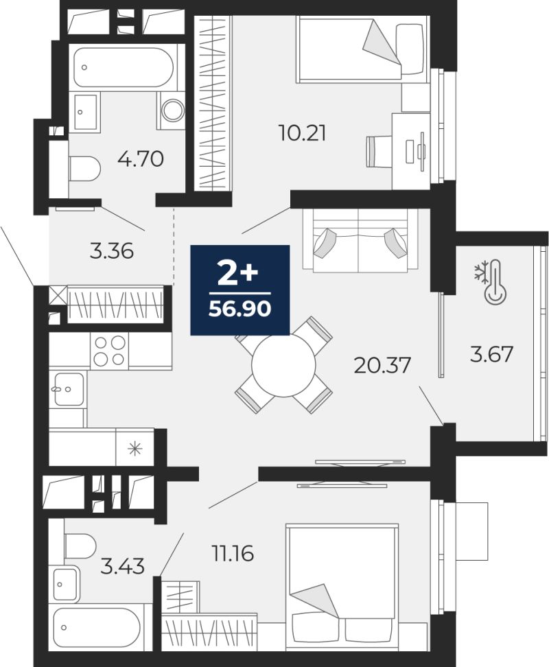 Планировка 2-комн. квартира, 55.1 м² — ЖК «Беринг»