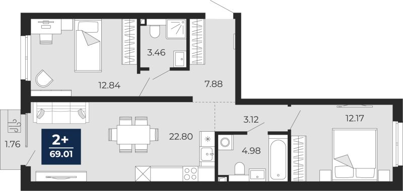 Планировка 2-комн. квартира, 67.8 м² — ЖК «Беринг»