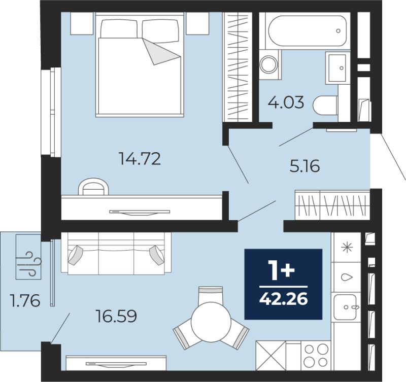Планировка 1-комн. квартира, 41 м² — ЖК «Беринг»