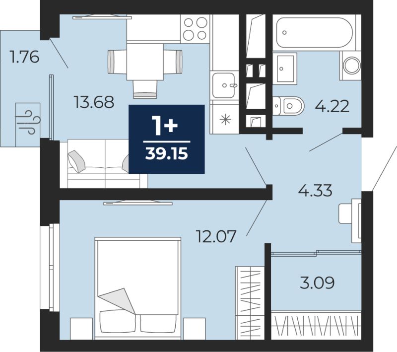 Планировка 1-комн. квартира, 37.9 м² — ЖК «Беринг»
