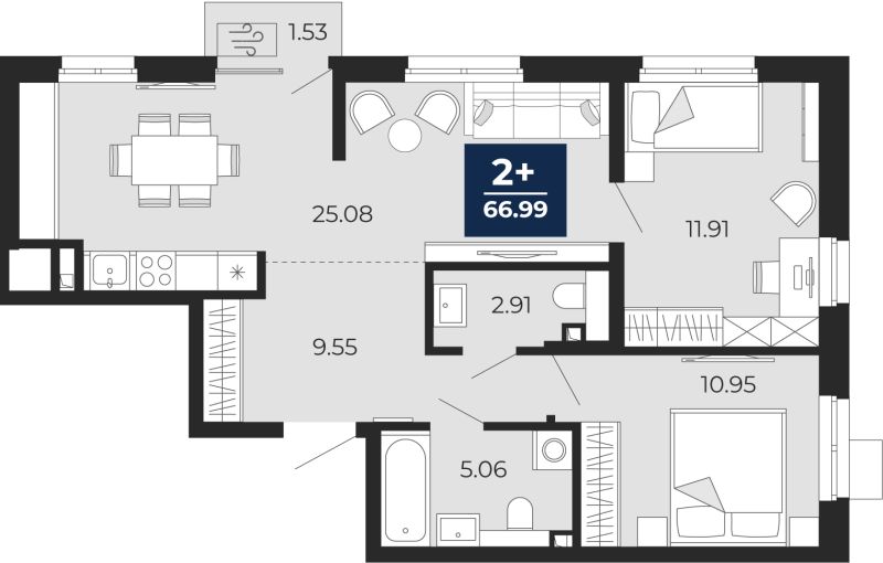 Планировка 2-комн. квартира, 65.9 м² — ЖК «Беринг»