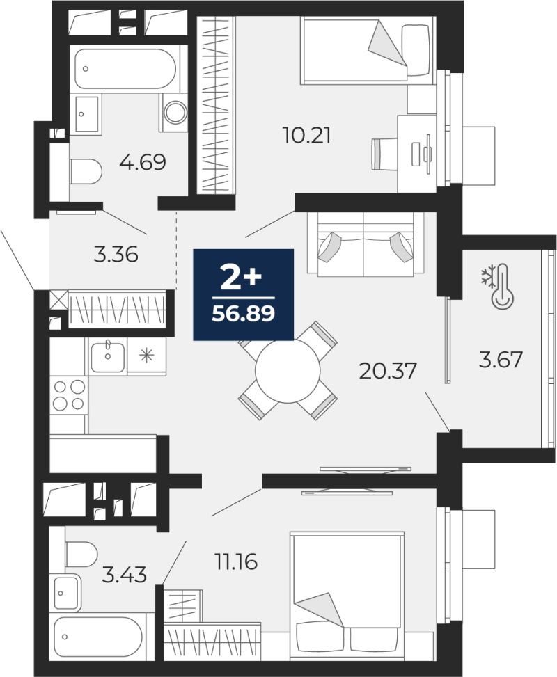 Планировка 2-комн. квартира, 55.1 м² — ЖК «Беринг»