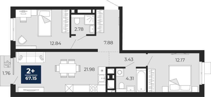 Планировка 2-комн. квартира, 65.9 м² — ЖК «Беринг»
