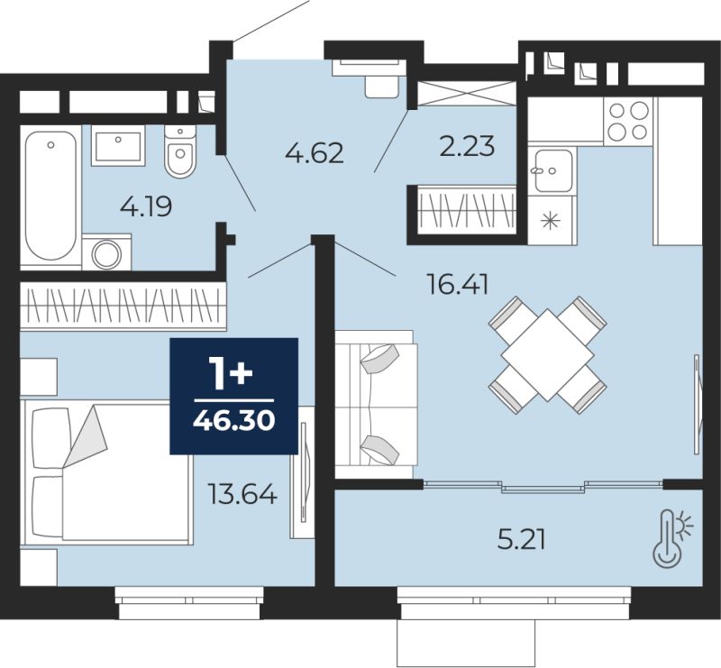 Планировка 1-комн. квартира, 46.3 м² — ЖК «Беринг»