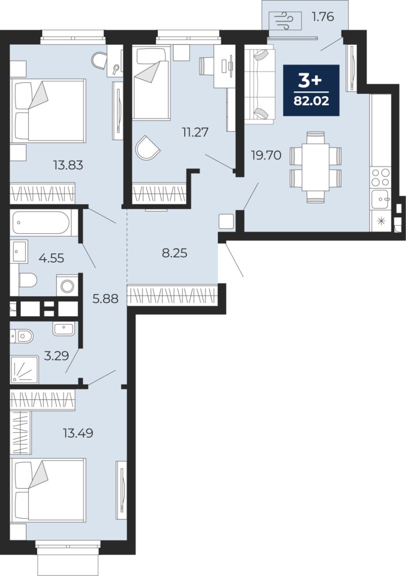 Планировка 3-комн. квартира, 80.8 м² — ЖК «Беринг»