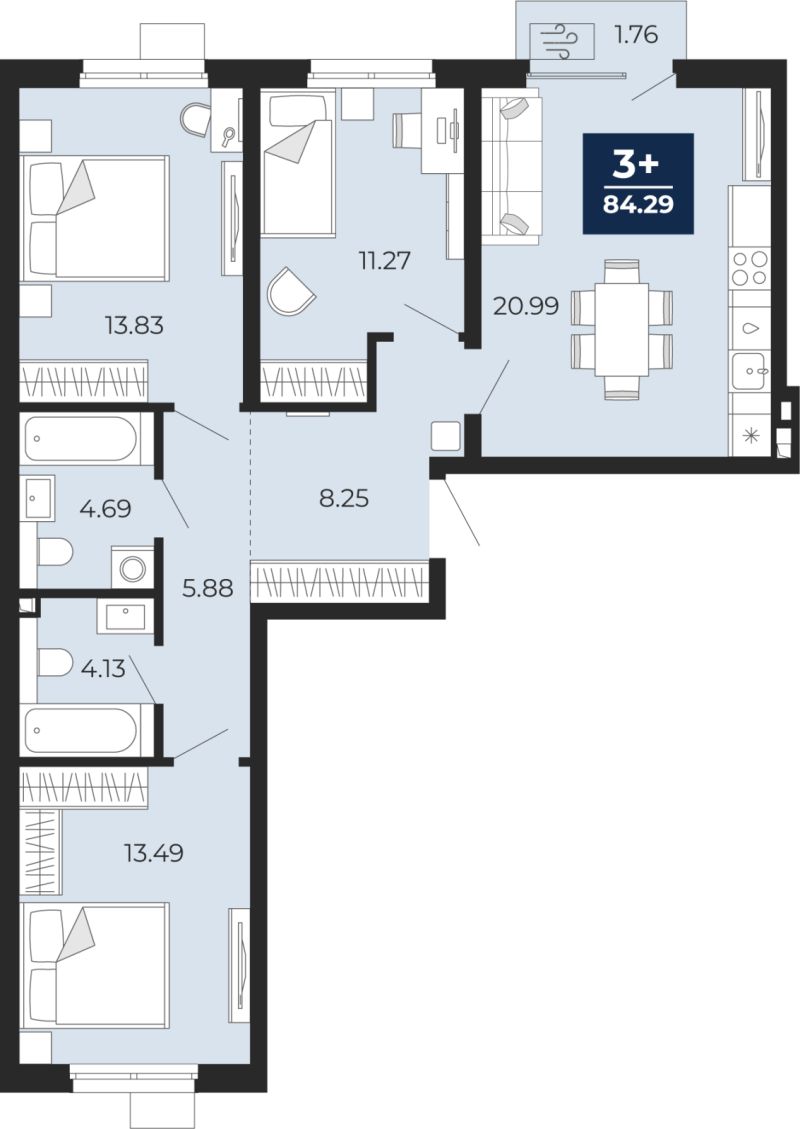 Планировка 3-комн. квартира, 83.1 м² — ЖК «Беринг»