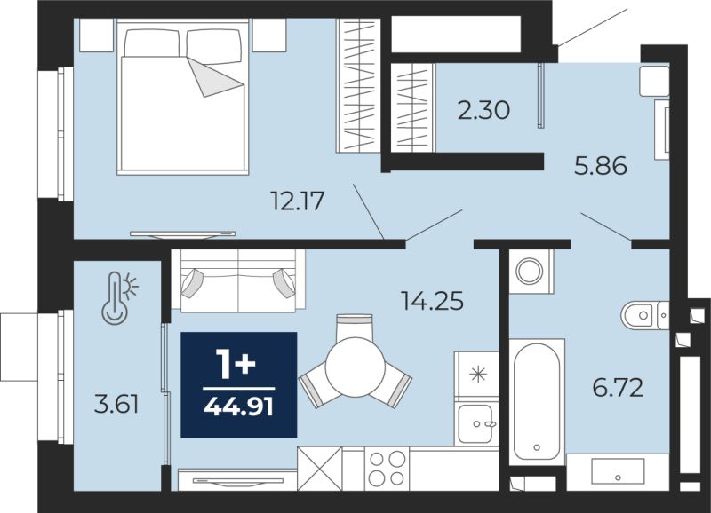 Планировка 1-комн. квартира, 44.9 м² — ЖК «Беринг»