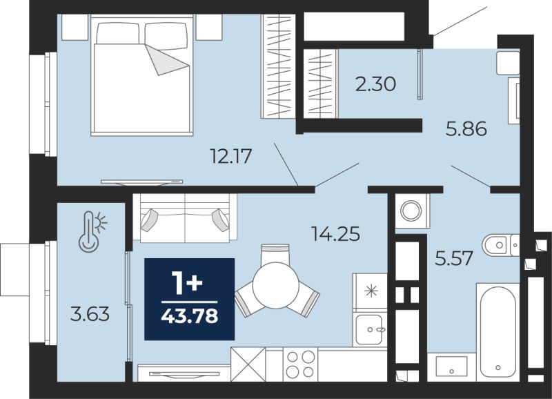Планировка 1-комн. квартира, 43.8 м² — ЖК «Беринг»