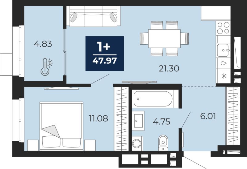 Планировка 1-комн. квартира, 48 м² — ЖК «Беринг»