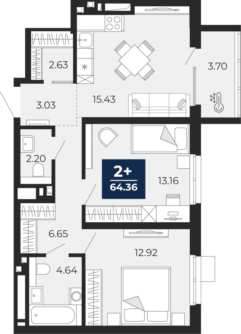 Планировка 2-комн. квартира, 62.5 м² — ЖК «Беринг»