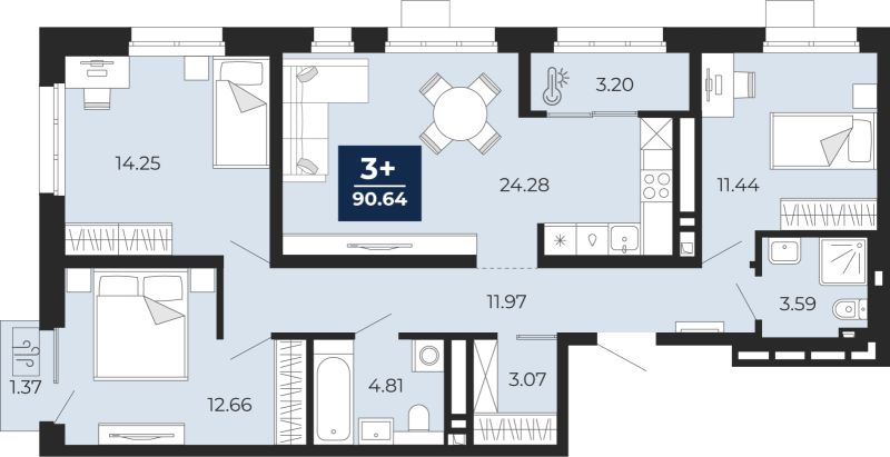 Планировка 3-комн. квартира, 89.7 м² — ЖК «Беринг»