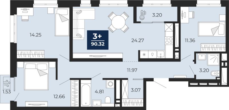 Планировка 3-комн. квартира, 89.2 м² — ЖК «Беринг»