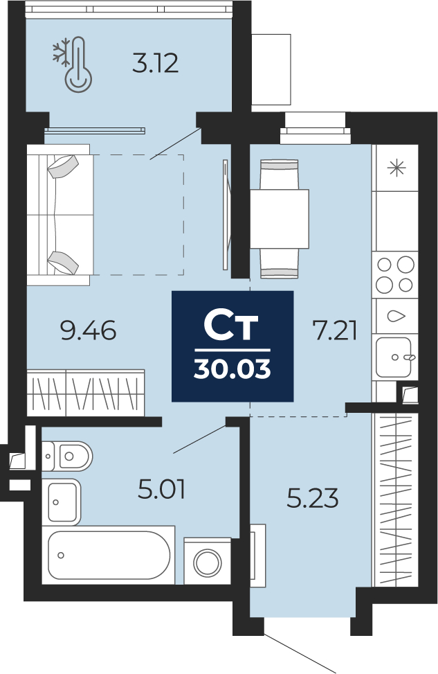 Планировка 1-комн. квартира, 28.5 м² — ЖК «Беринг»