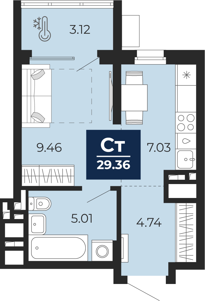 Планировка 1-комн. квартира, 27.8 м² — ЖК «Беринг»