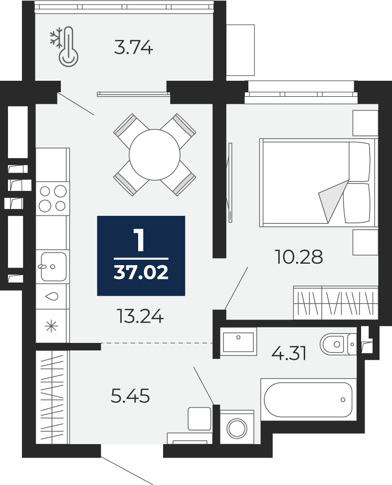 Планировка 1-комн. квартира, 35.1 м² — ЖК «Беринг»