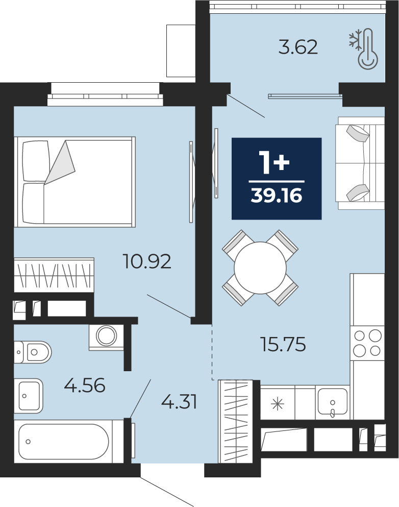 Планировка 1-комн. квартира, 37.4 м² — ЖК «Беринг»